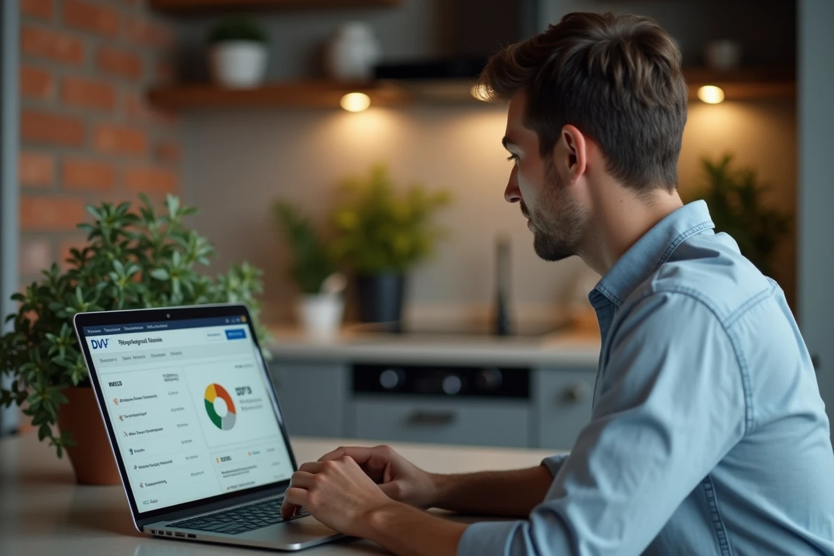 Jeune homme analysant un rapport immobilier en ligne