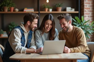 Trois jeunes adultes discutant d'appartements à Toulouse