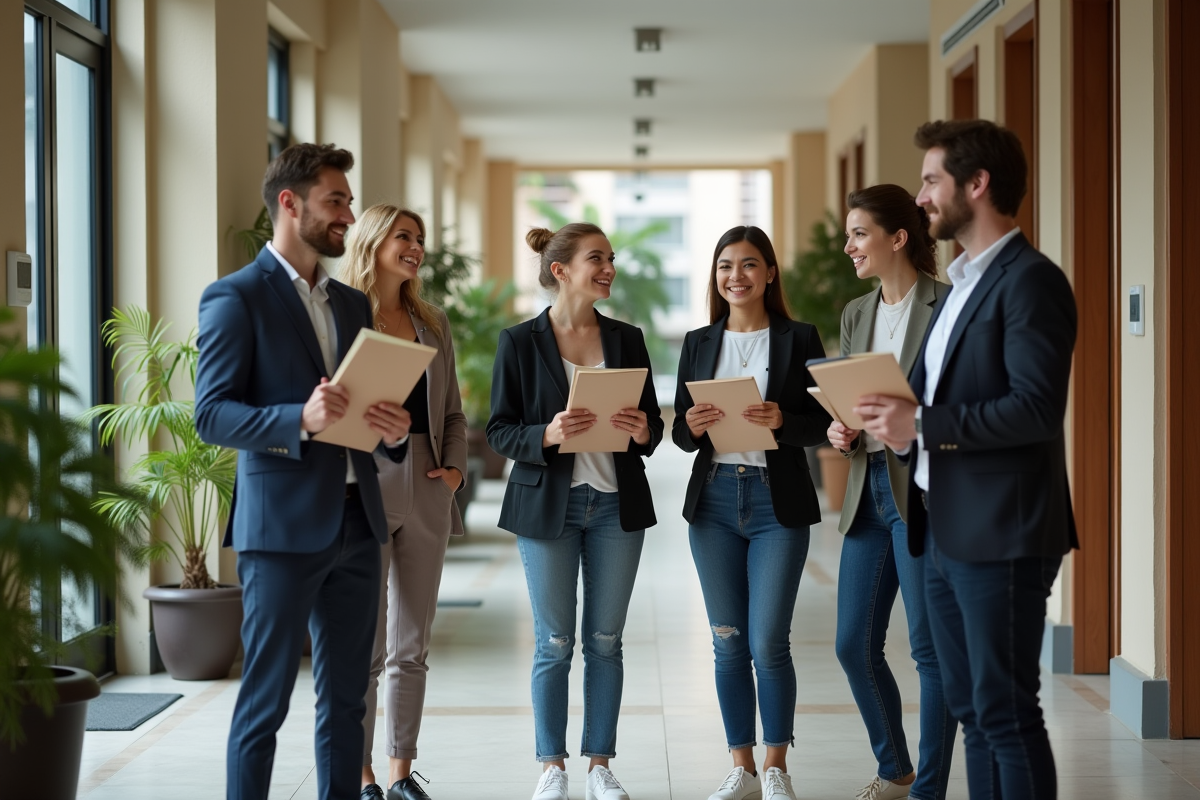 Jeunes adultes discutant dans un hall d