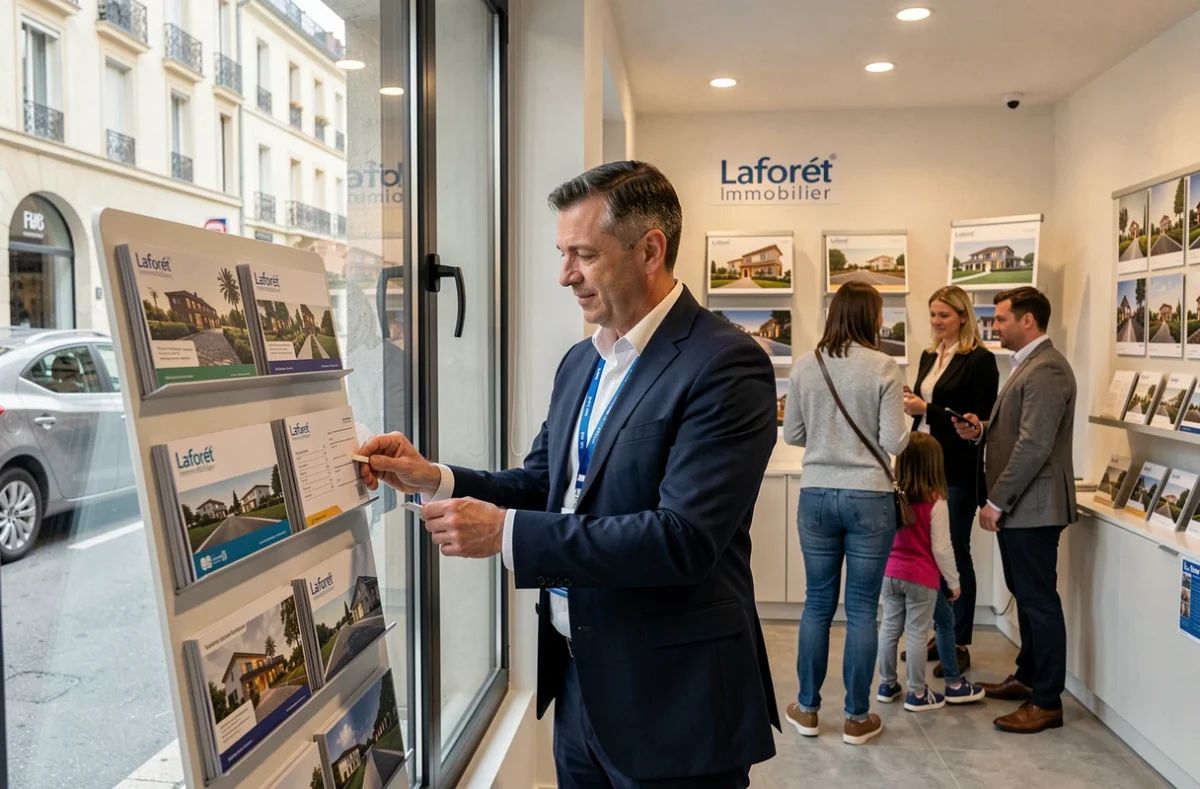 Agent Laforêt Immobilier Bastia organisant les annonces en vitrine avec des clients observant depuis l'extérieur