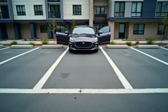 Vue aérienne légèrement plongeante d'un parking urbain moderne avec marquages au sol blancs délimitant des places de stationnement réglementaires