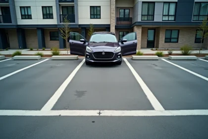 Vue aérienne légèrement plongeante d'un parking urbain moderne avec marquages au sol blancs délimitant des places de stationnement réglementaires