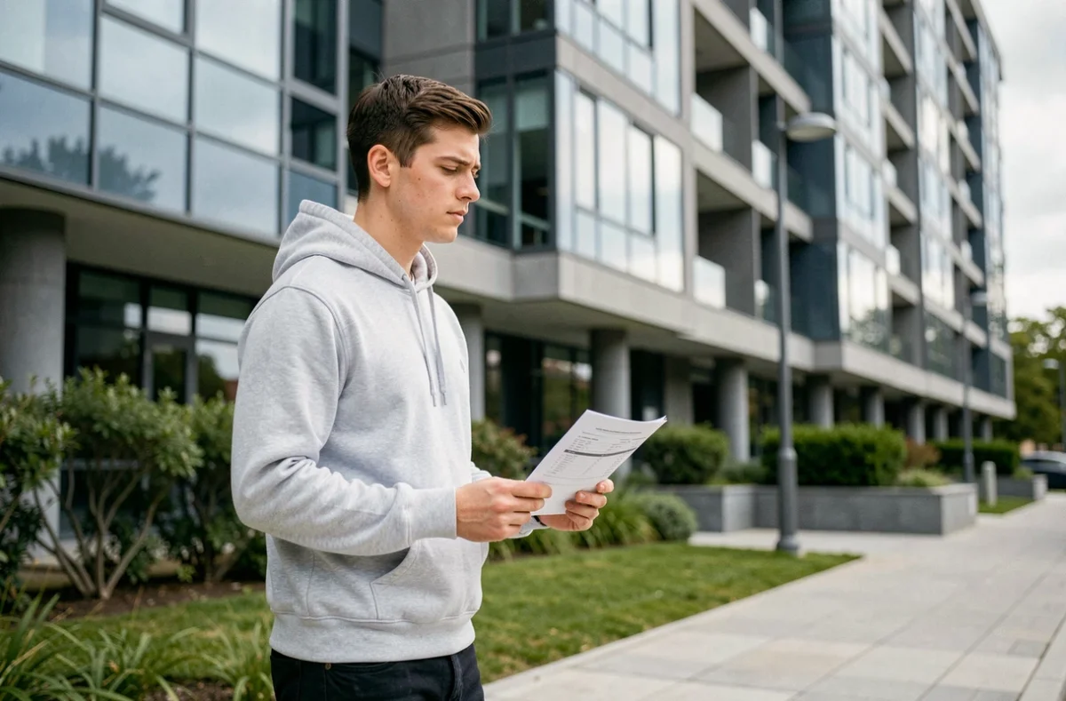 Jeune locataire tenant un bail devant un immeuble résidentiel moderne avec façade en verre