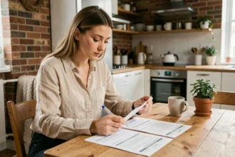 Jeune femme locataire comparant des contrats d'assurance habitation à sa table de cuisine