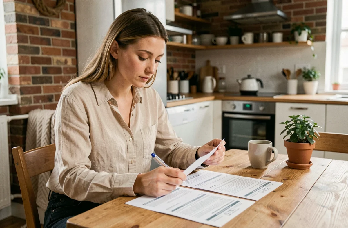 Jeune femme locataire comparant des contrats d'assurance habitation à sa table de cuisine