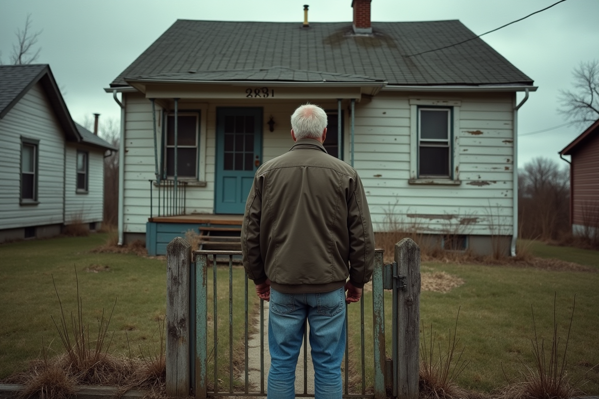Homme pensif devant une maison abandonnée en banlieue