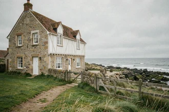 Maison normande en pierre au bord de mer avec vue sur la côte, idéale pour la location saisonnière courte durée