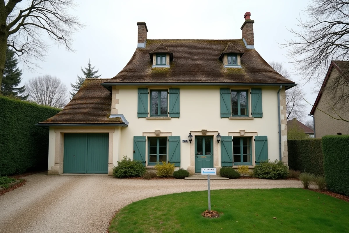 Maison pavillonnaire dans l'Oise avec panneau à vendre dans le jardin lors d'une vente immobilière rapide