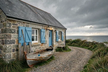 Petite maison de pêcheur en pierre avec volets bleus et bateau en bois sur le littoral breton