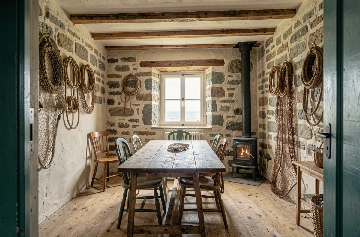 Intérieur authentique d'une maison de pêcheur avec poutres apparentes, murs en pierre et décoration maritime