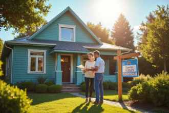 Couple devant maison de vacances en vente avec jardin ensoleille