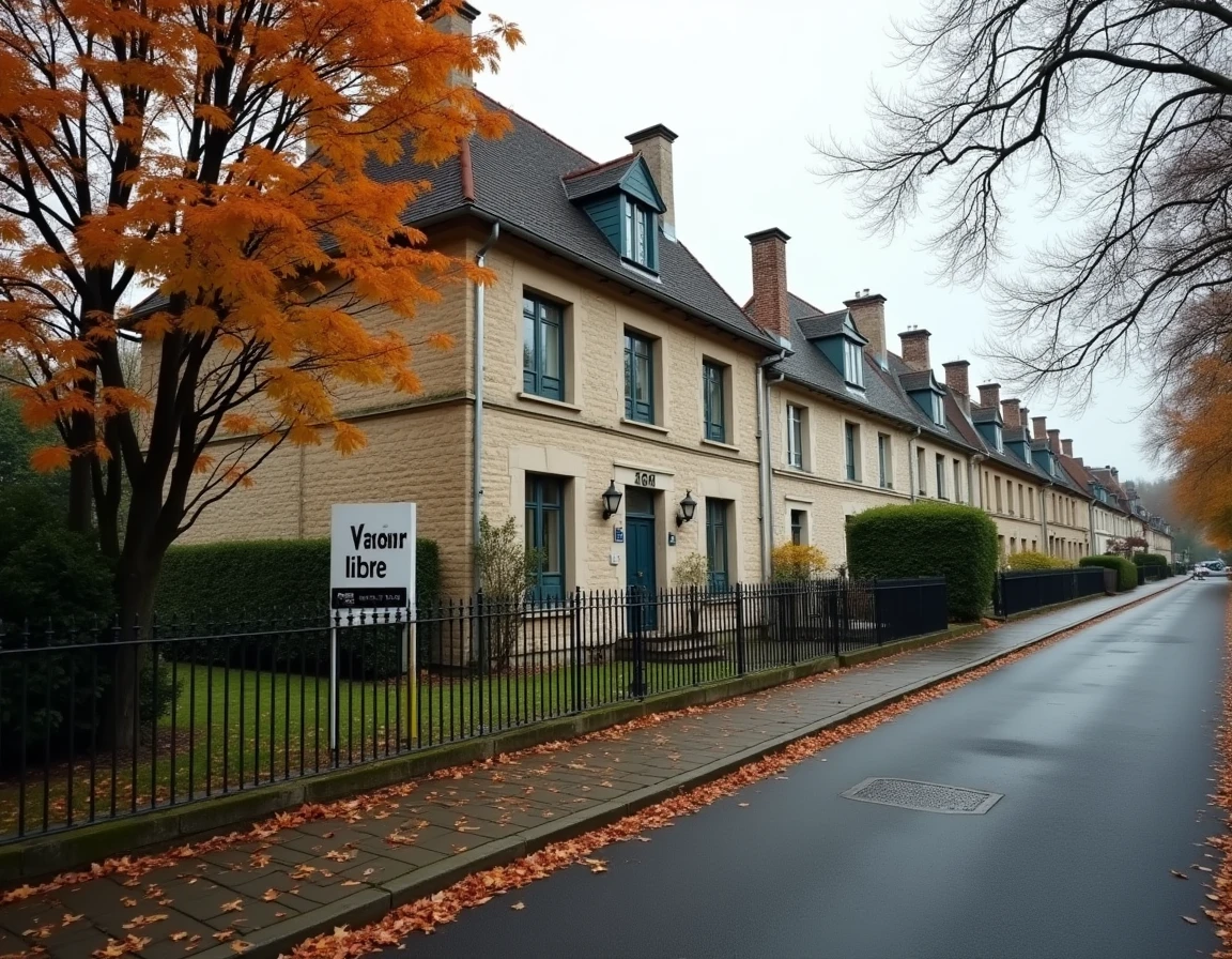 Maison en viager libre avec panneau d'agence immobilière dans une rue résidentielle calme de banlieue parisienne en automne