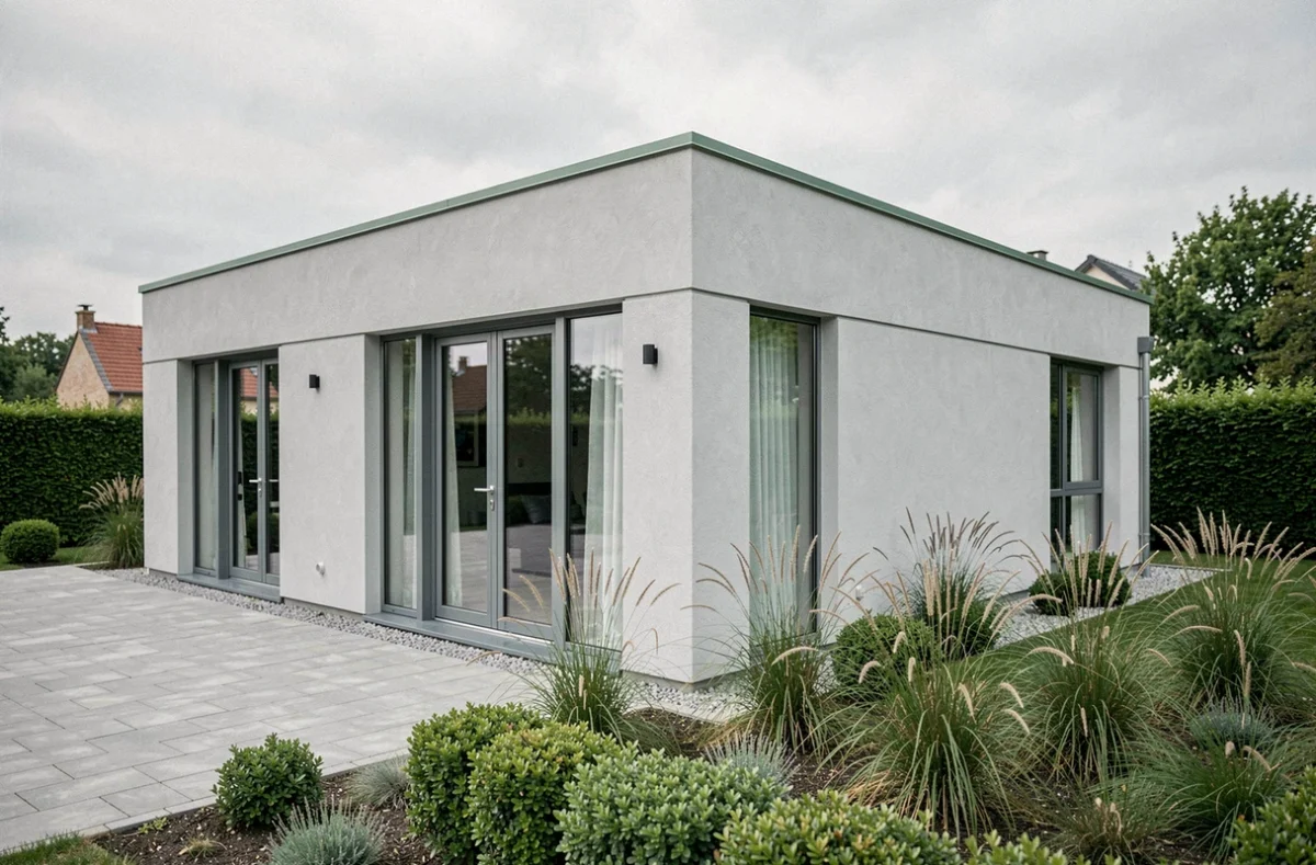 Maison contemporaine construite par Maisons Alysia 28 avec bardage gris et grandes baies vitrées