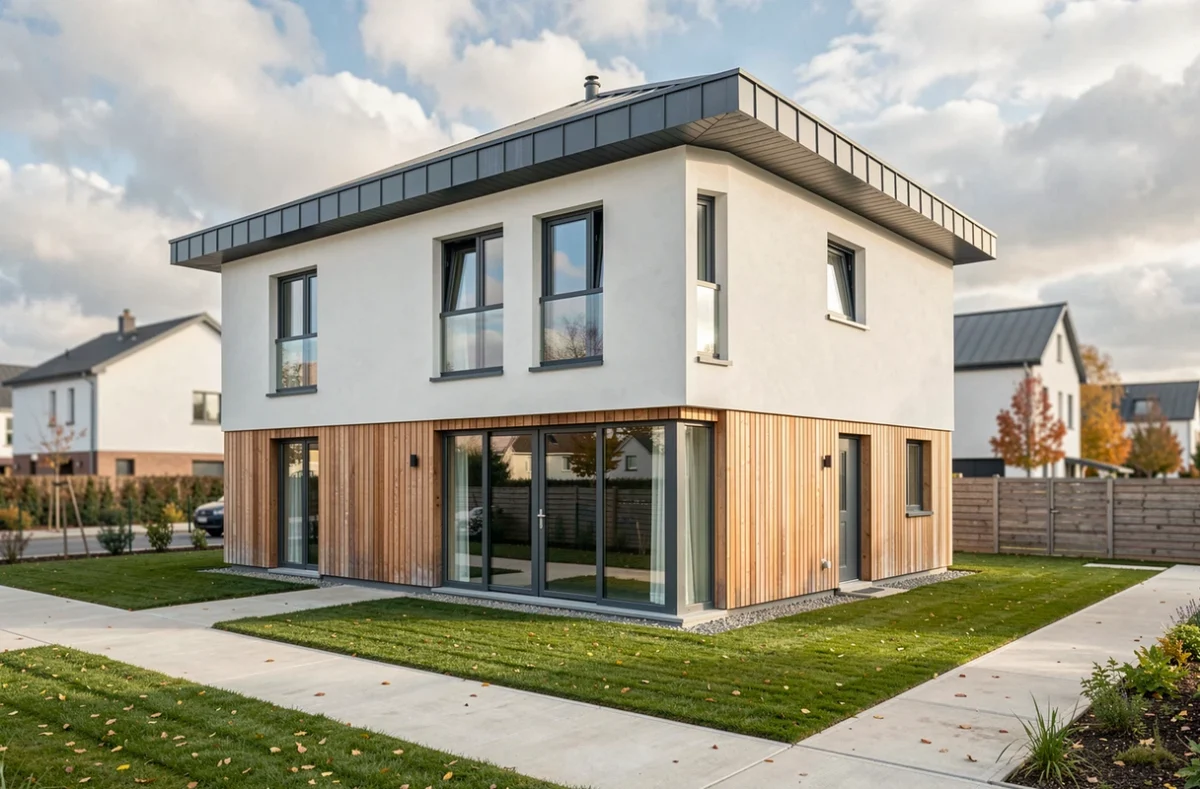 Maison contemporaine Alysia avec bardage bois et toiture zinc dans un lotissement près de Reims