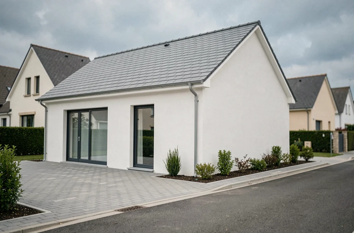 Maison individuelle de style Babeau Seguin avec façade blanche et toiture ardoise dans un lotissement de Reims