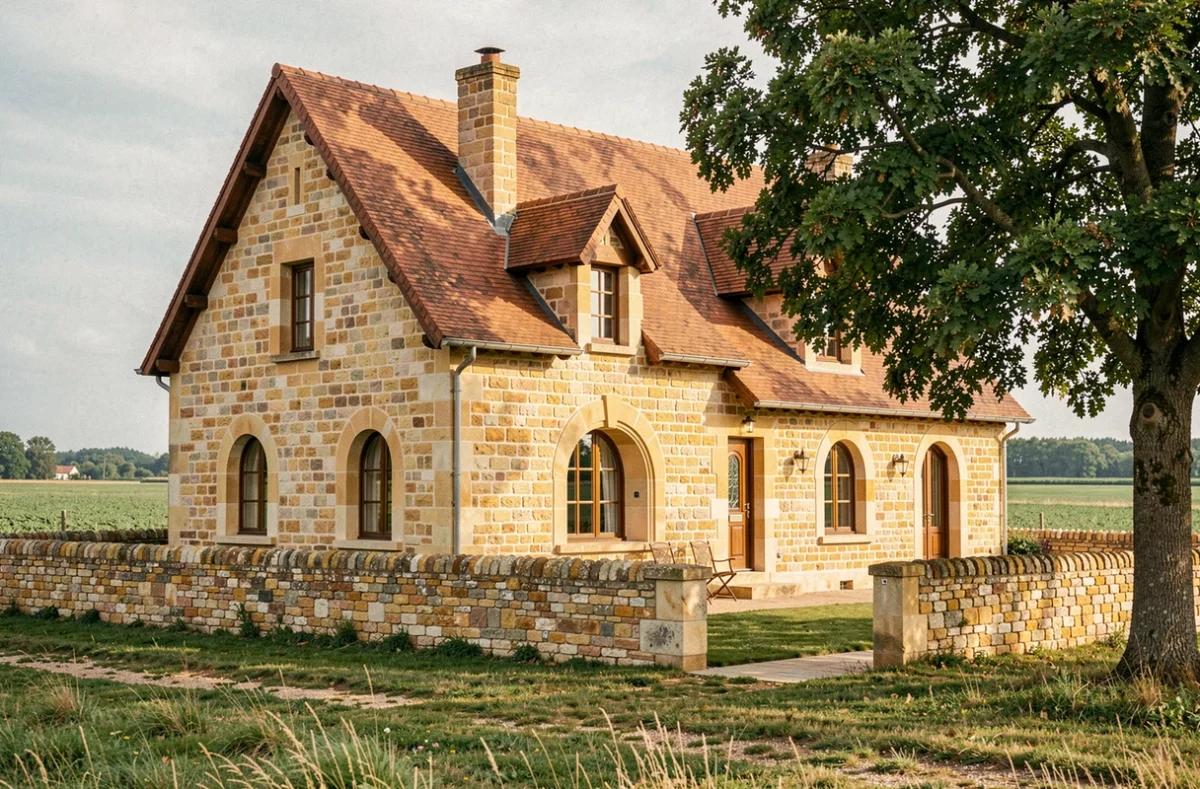 Maison en pierre calcaire construite par Maisons Balency en Eure-et-Loir avec toiture en tuiles traditionnelles