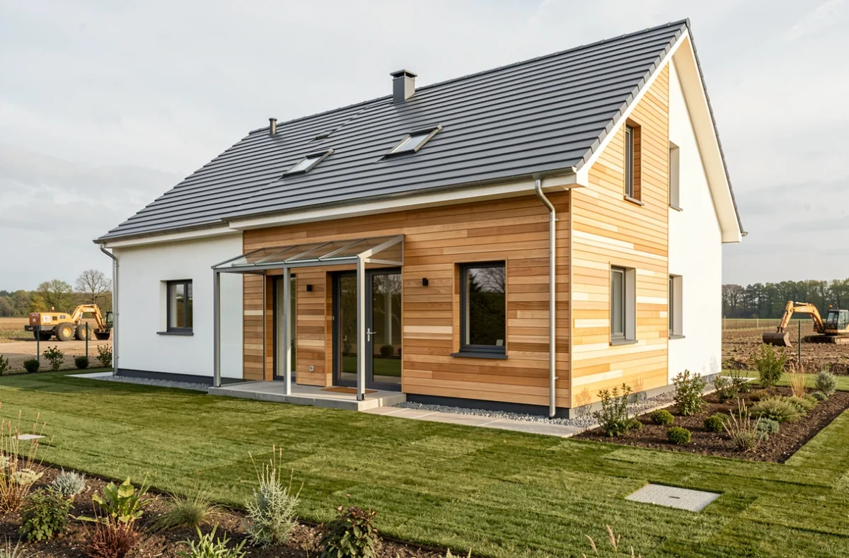 Construction neuve réalisée par Maisons Constructions 28 avec bardage bois et toiture plate grise en Eure-et-Loir