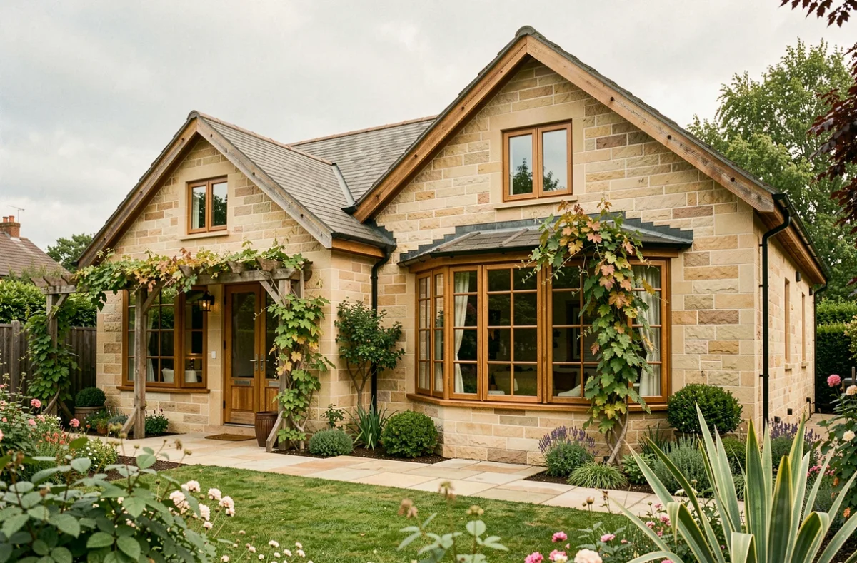 Maison personnalisée construite par Maisons Kamci en Eure-et-Loir avec pergola et grandes fenêtres en bois
