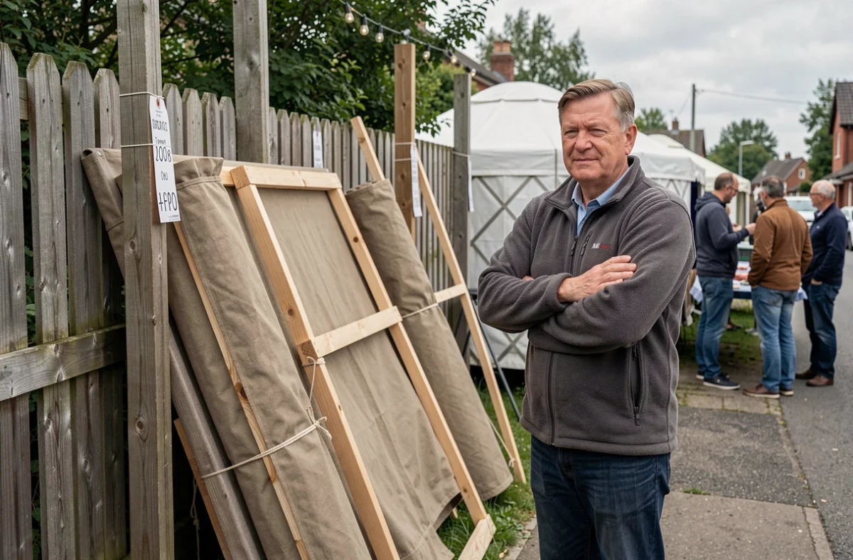 Marché de yourtes d'occasion avec structures en bois et toiles roulées exposées à la vente par un vendeur en plein air