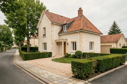Maison individuelle neuve dans un quartier résidentiel de Reims avec façade en enduit clair et toiture en tuiles