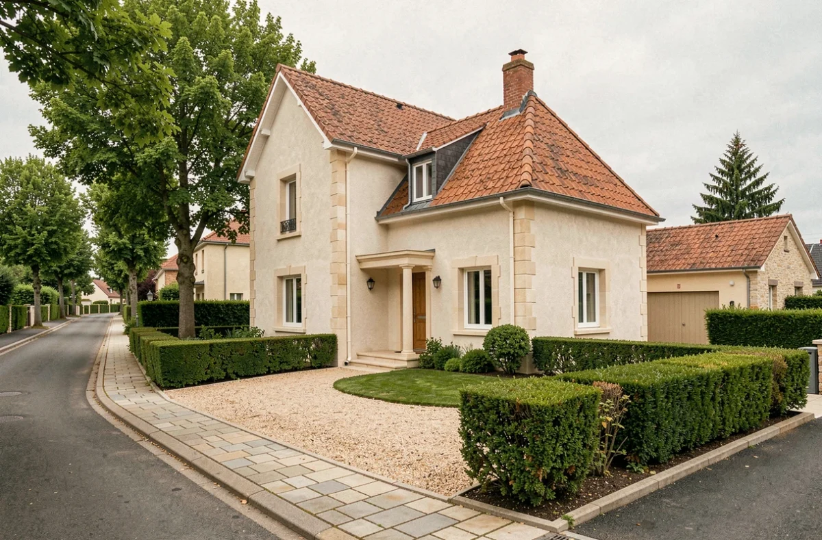 Maison individuelle neuve dans un quartier résidentiel de Reims avec façade en enduit clair et toiture en tuiles