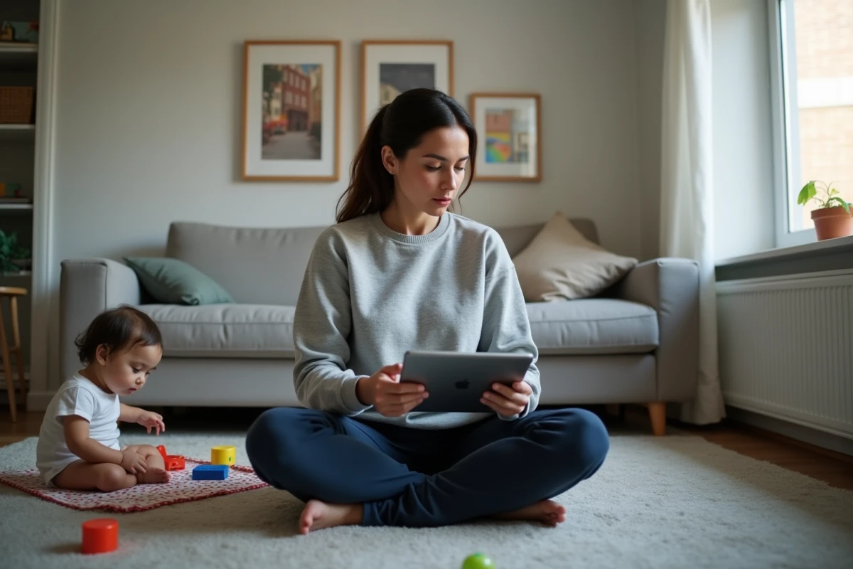 Mère célibataire recherchant un logement adapté sur tablette via des annonces LOC