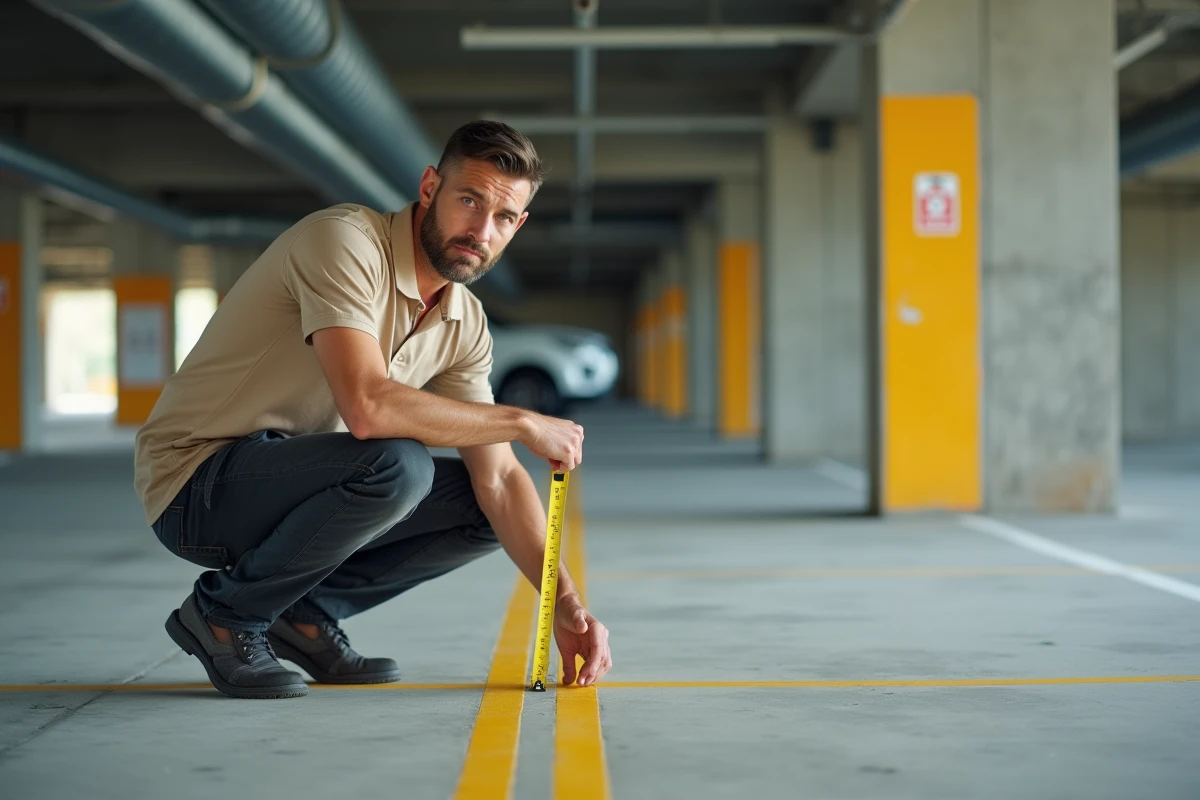 Ingénieur mesurant la largeur d'une place de parking avec un mètre ruban dans un parking souterrain en béton