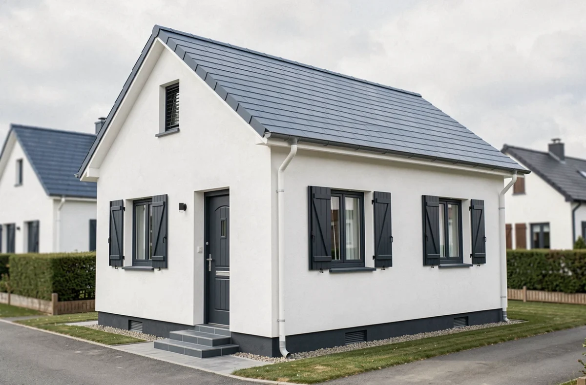 Maison individuelle propre et bien construite par MF Construction en Eure-et-Loir avec volets anthracite