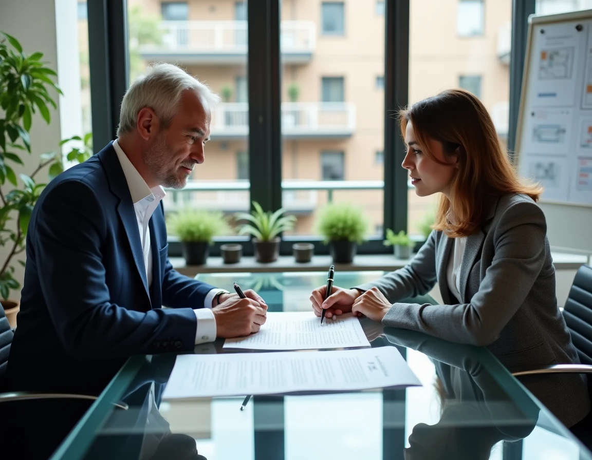 Deux professionnels négociant des clauses de balcon et terrasse dans un contrat d'achat immobilier en agence