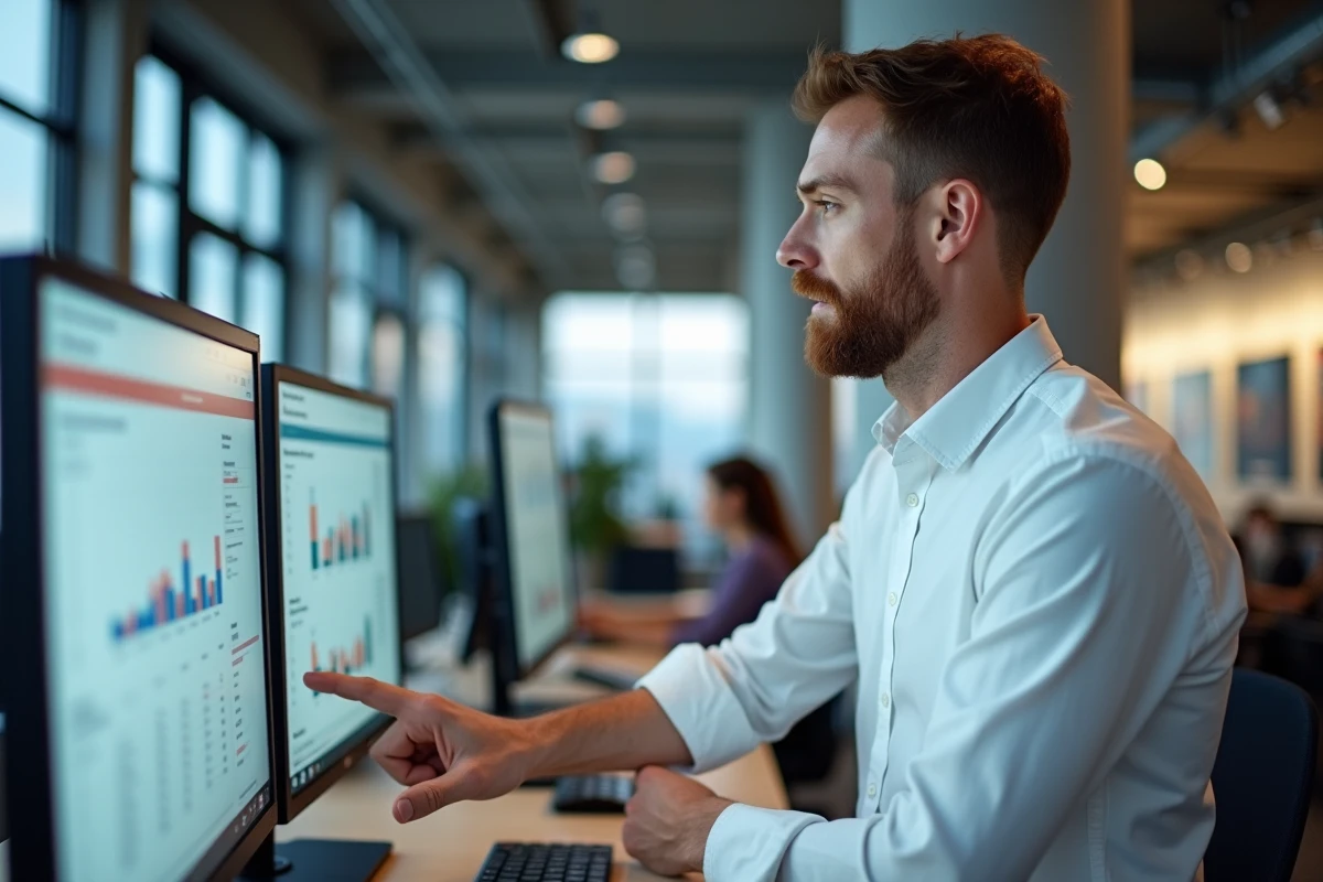 Professionnel de l'immobilier paramétrant un logiciel de productivité sur double écran dans un bureau open space