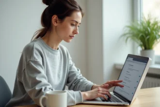 Femme paramétrant les notifications et alertes sur son ordinateur portable dans un bureau à domicile moderne
