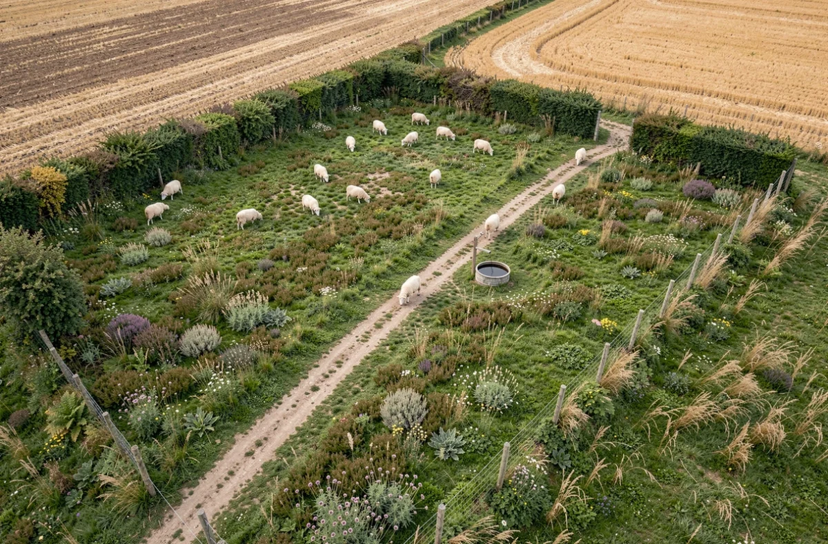 Vue aérienne d'une parcelle agricole clôturée avec moutons en pâturage extensif et chemin d'accès rural visible