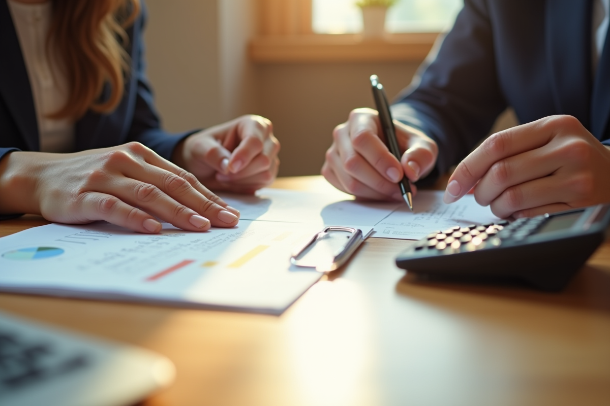 Deux mains échangeant des documents immobiliers dans une réunion