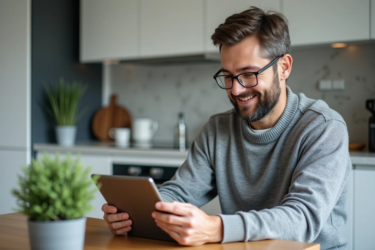 Particulier consultant un outil de comparaison de prix immobiliers de type DVF sur une tablette dans un appartement moderne