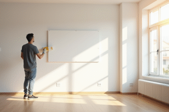Personne peignant un mur blanc dans un appartement lumineux