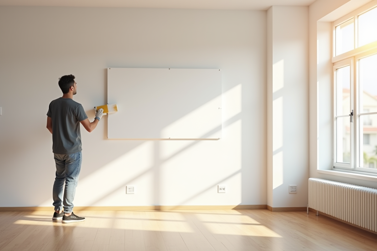 Personne peignant un mur blanc dans un appartement lumineux