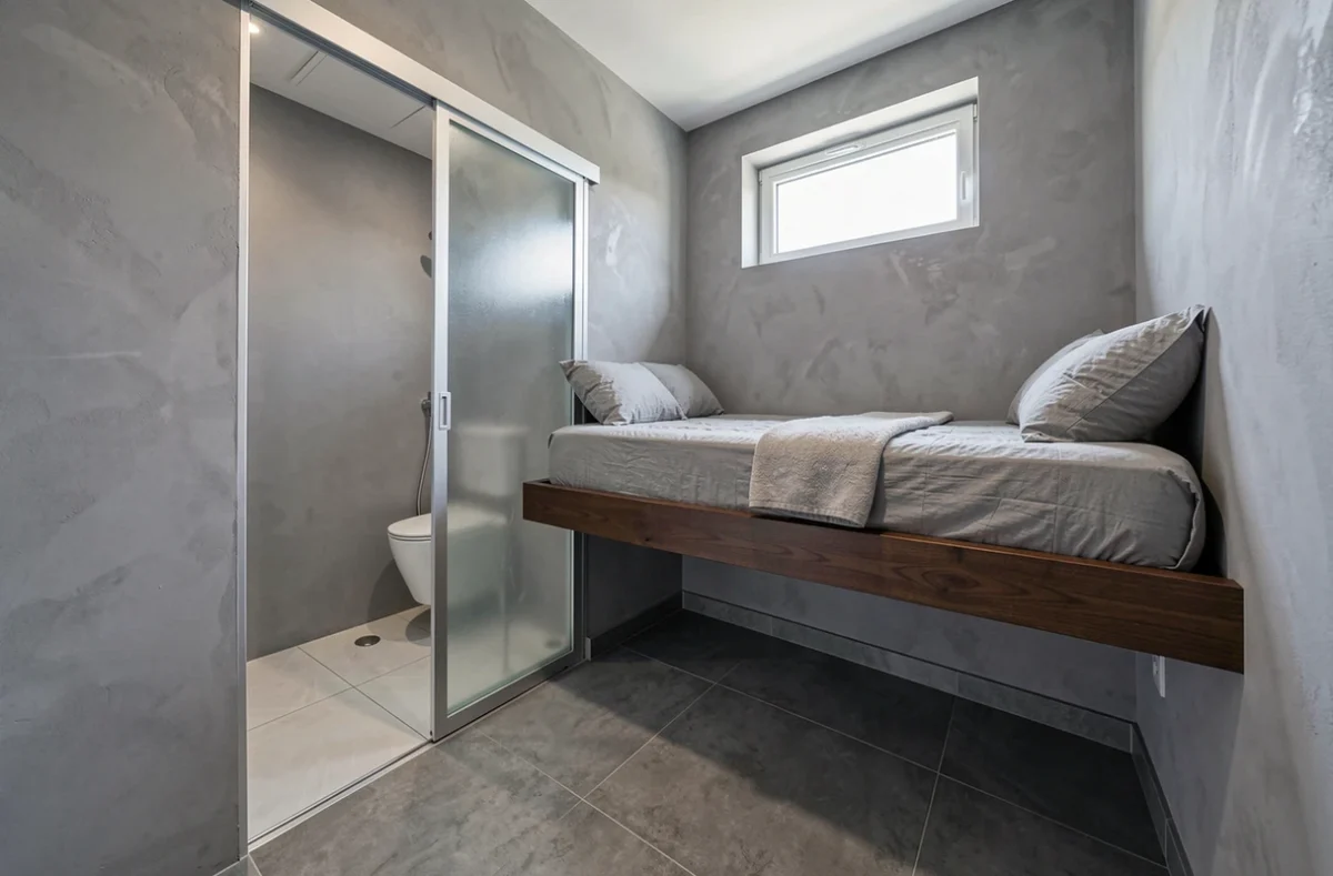 Chambre compacte 8m² avec coin douche dissimulé derrière une porte coulissante givréee