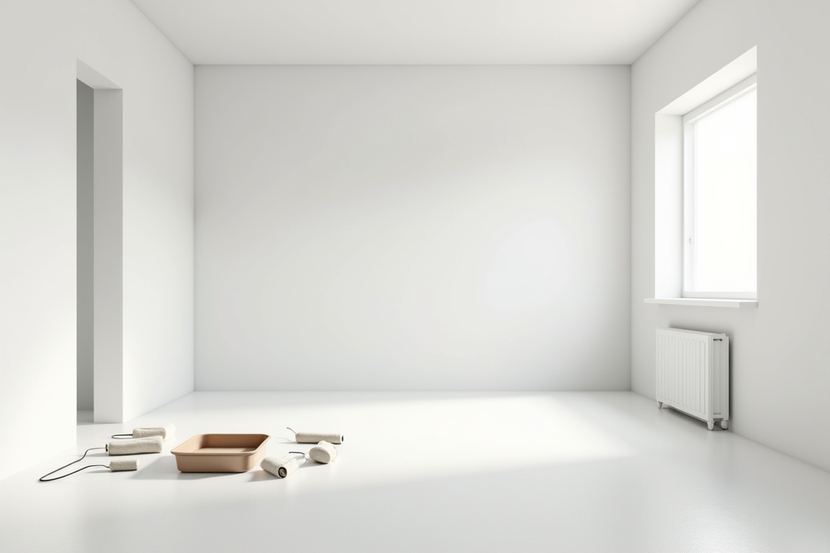 Chambre vide avec murs blancs peints et fournitures de peinture