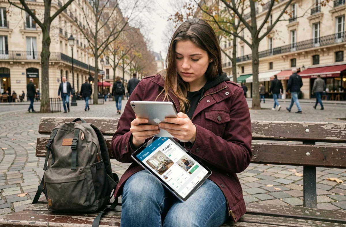 Jeune femme consultant une plateforme de location d'appartement sur tablette en extérieur en situation d'urgence