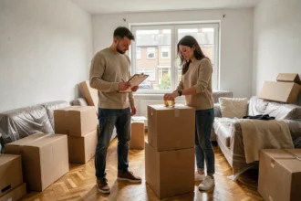 Couple en train de préparer un déménagement dans un salon avec des cartons et une liste de contrôle