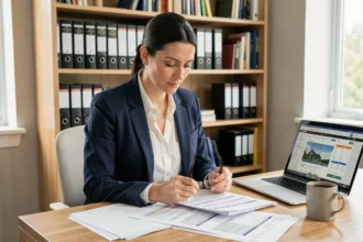 Femme qui prépare son dossier de financement immobilier sur un bureau avec des documents de prêt et un ordinateur portable