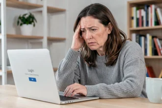 Femme frustrée devant un message d'erreur de connexion sur son compte copropriété en ligne depuis son bureau à domicile