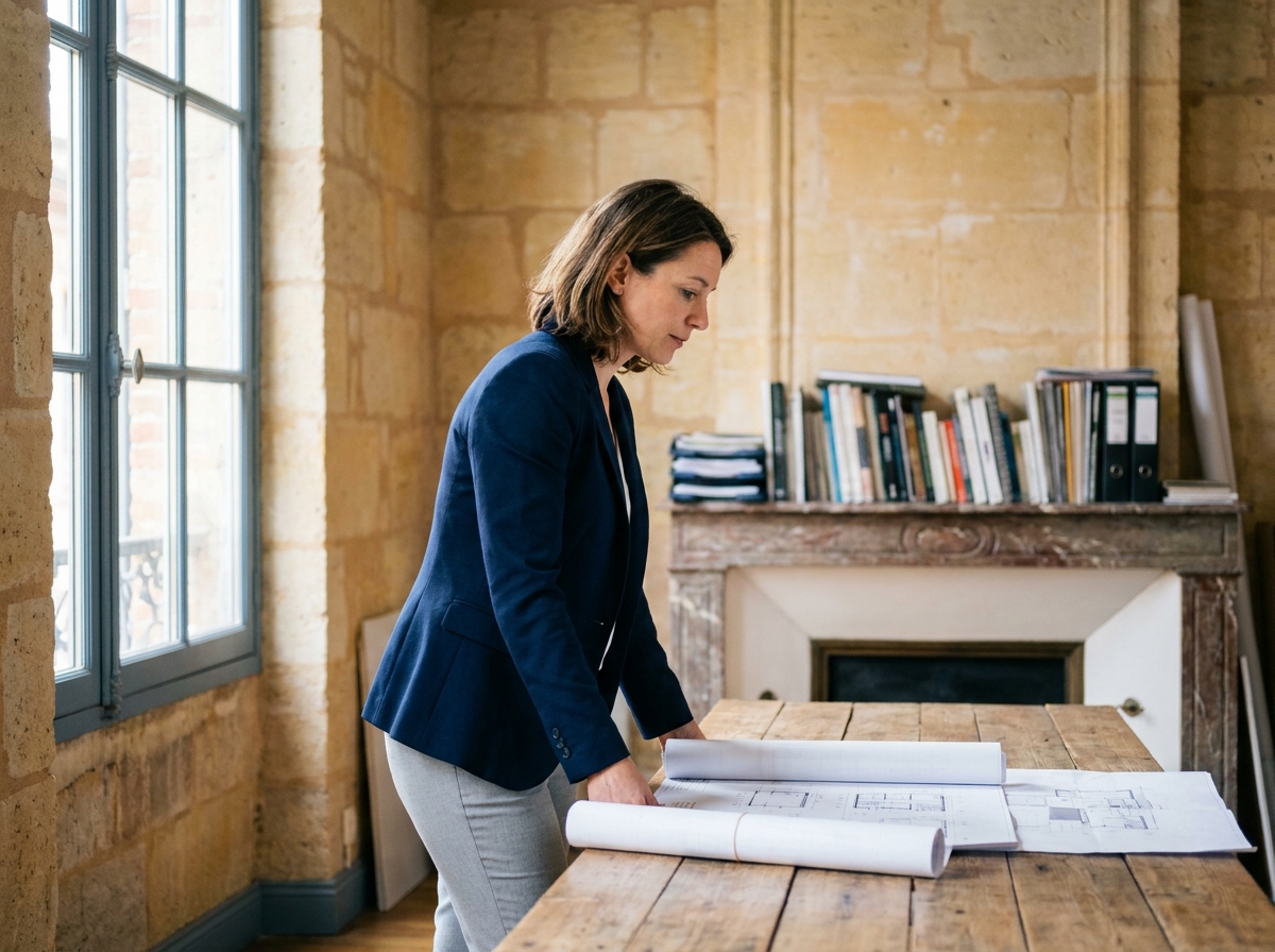 Femme professionnelle dans un bureau installé dans un appartement ancien reconverti à Toulouse avec cheminée d'époque et murs en pierre
