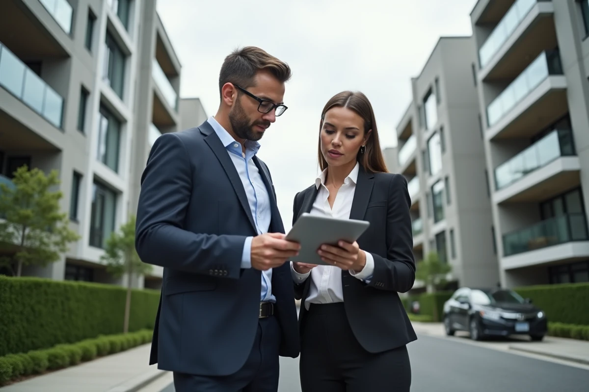 Deux professionnels de l'immobilier consultant une estimation de prix sur tablette devant un immeuble résidentiel
