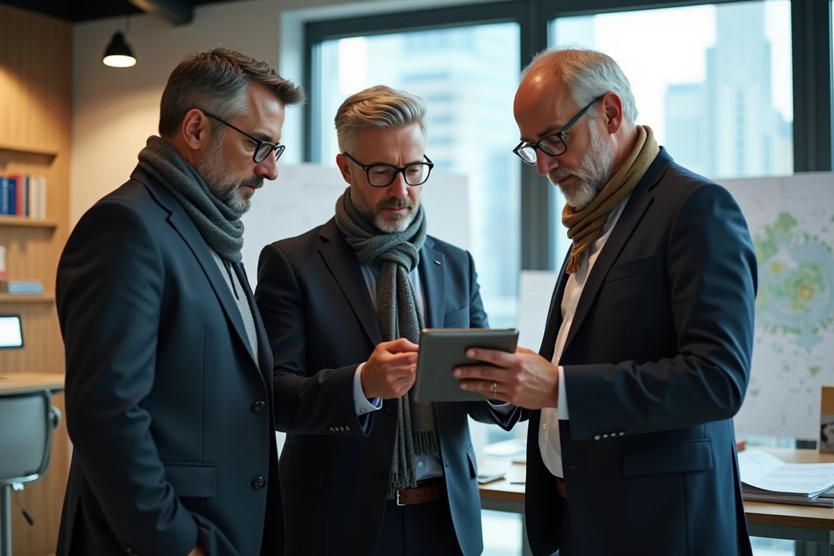 Trois professionnels en réunion dans un bureau moderne