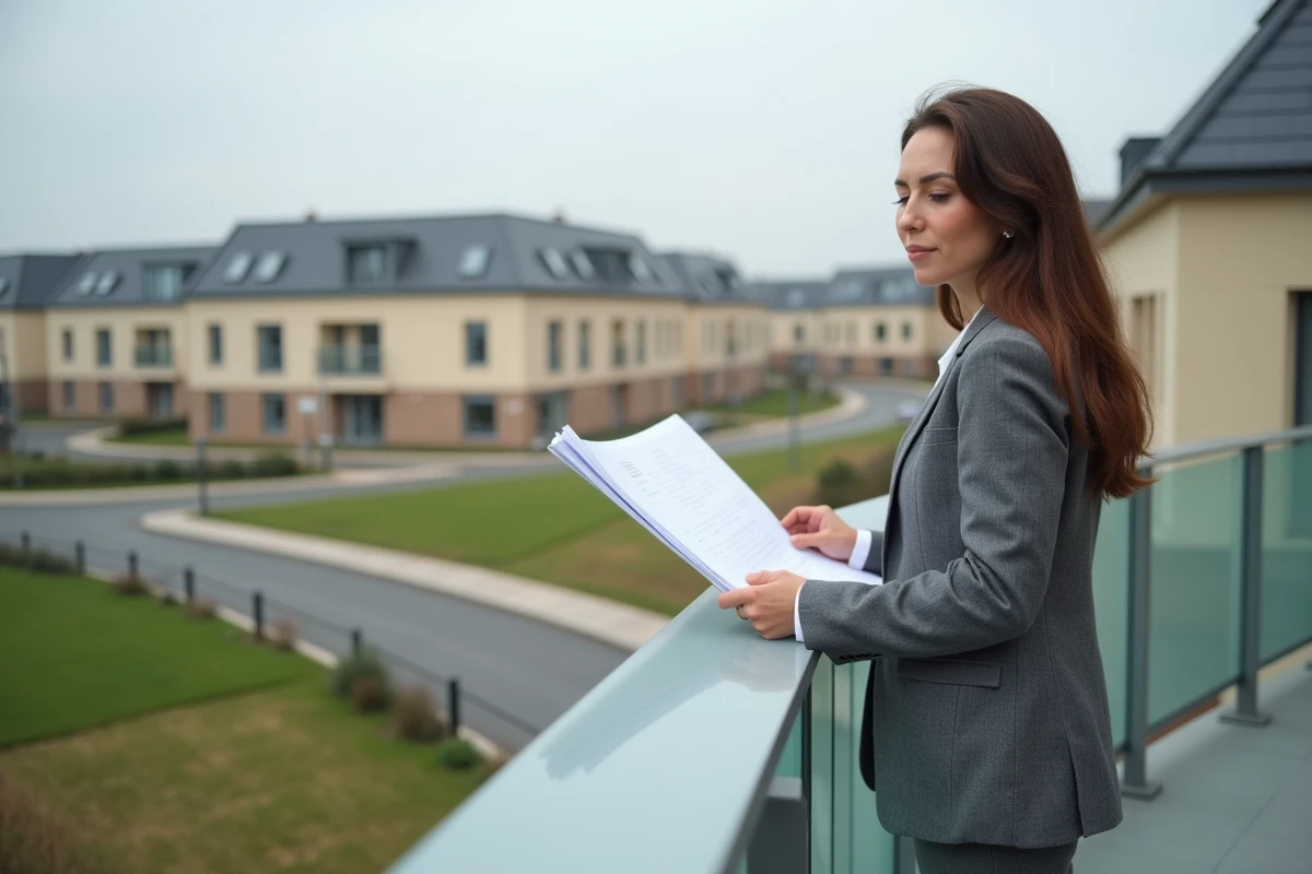 Femme étudiant des plans d'un programme immobilier neuf sur un balcon de résidence moderne en banlieue française