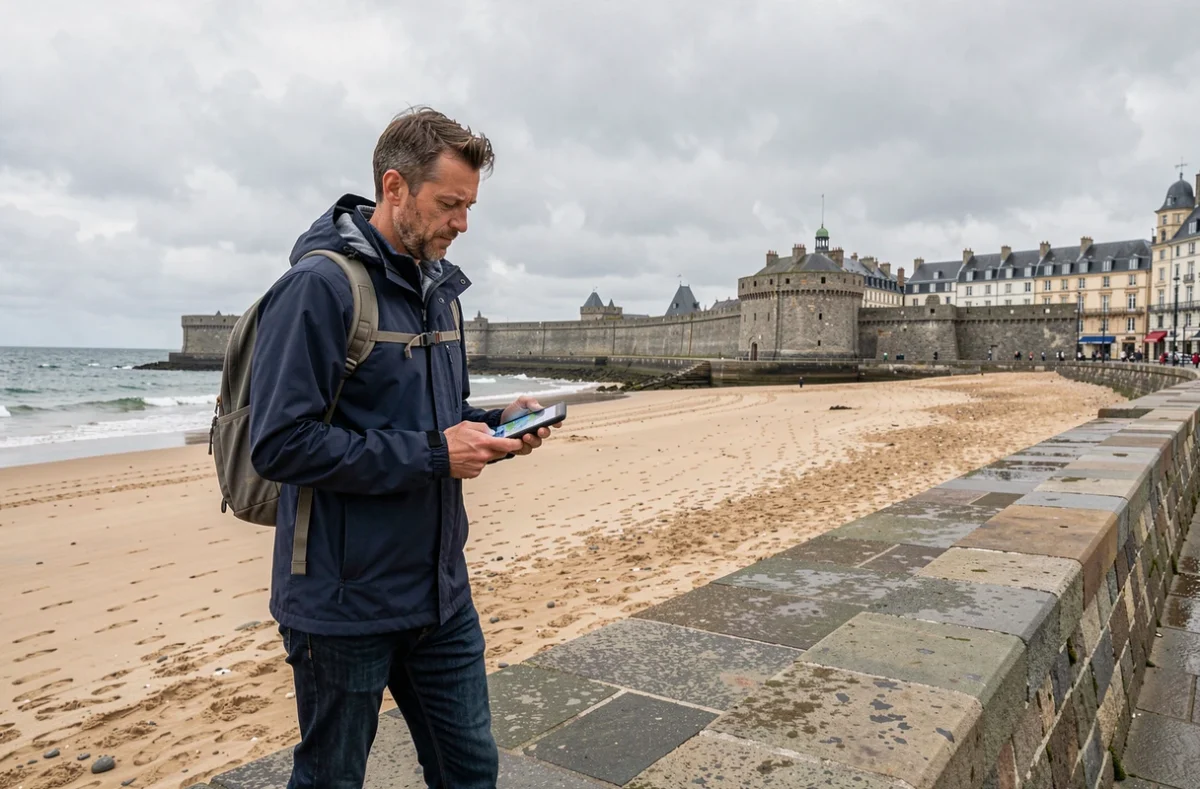 Homme consultant une carte de Saint-Malo en se promenant sur la promenade du Sillon avec les remparts en arrière-plan