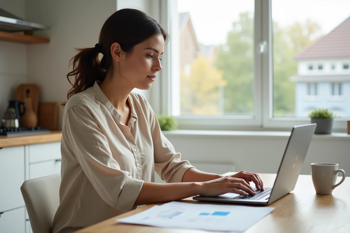 Propriétaire estimant la valeur de son bien immobilier en ligne depuis son domicile avec un logiciel dédié