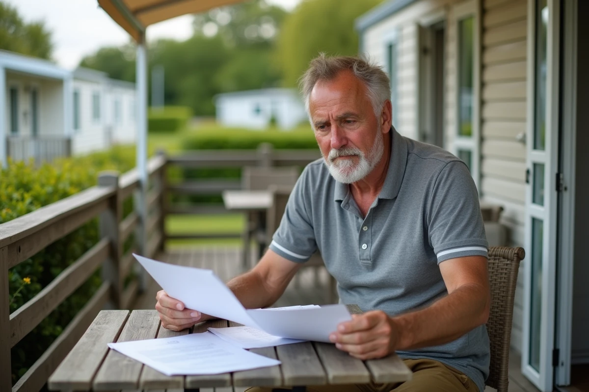 Propriétaire de mobil home en train d'examiner des documents de vente sur sa terrasse
