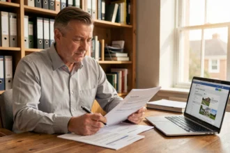 Propriétaire non occupant examinant des documents d'assurance PNO à son bureau à domicile